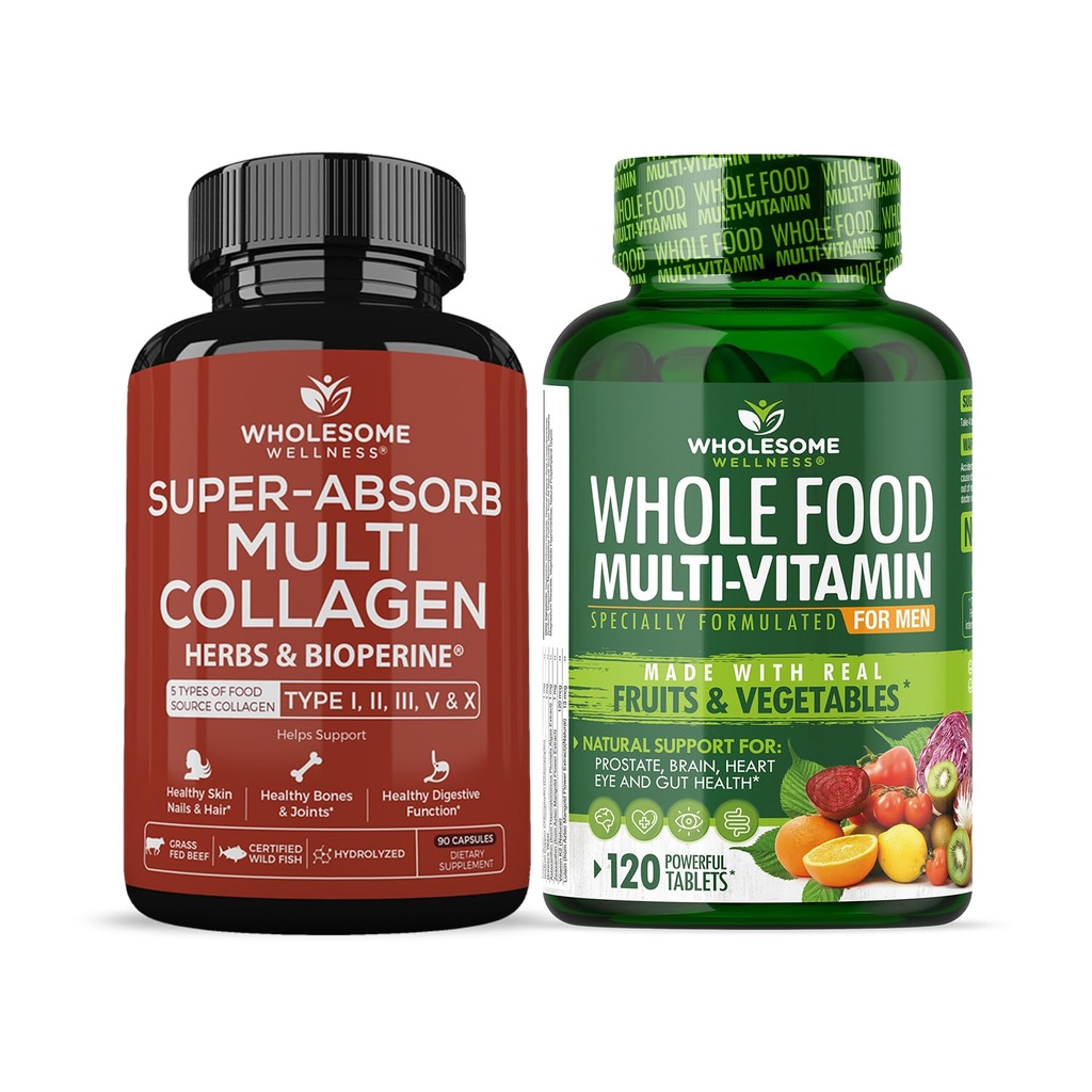 Zdravé Wellness Super- Absorb Multi Collagen pilulky (typ I II III V X) Organic Byliny a Bioperin + celé jídlo Multivitamin pro muže - Přírodní multi vitaminy, Minerály, Organic Extracts Bundle