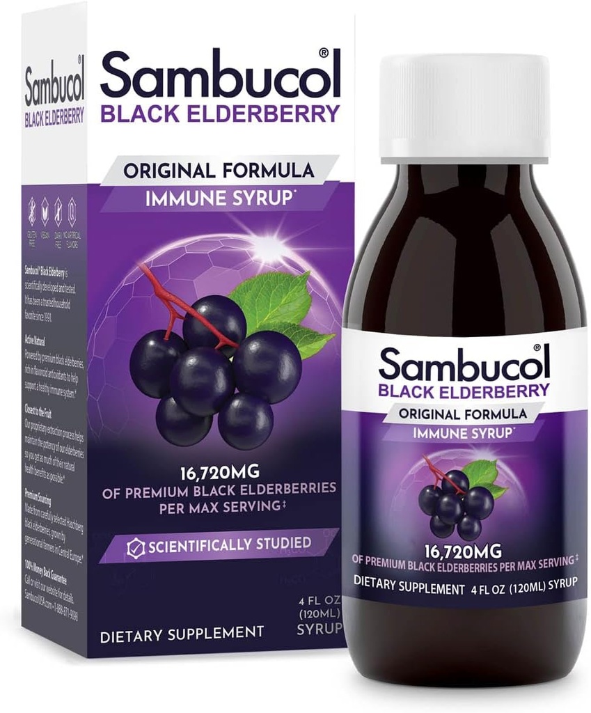 Sambucol Black Elderberry Sirup - Sambucus Elderberry Sirup, Black Elderberry Liquid, Imunitní podpora, Elderberry Sirup pro děti a dospělé, High Antioxidants, Gluten Free - Původní Formule, 4 Fl Oz