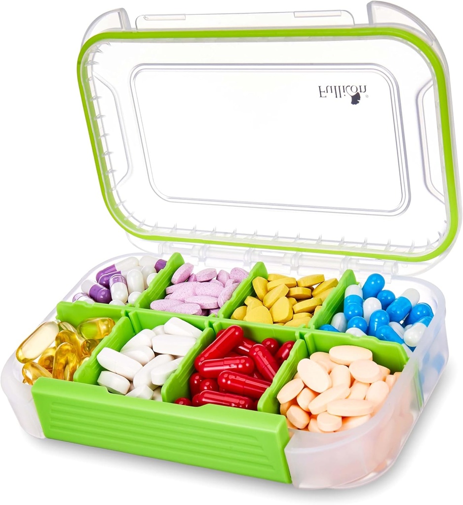 Fullicon Velké Pill Pořadatel s 8 Compartments, Moisture Proof Travel Pill Box s odstranitelným děličem, Denní Pill Kontejner s lajny, Pill Pouzdro pro vitamín, Rybí olej, dodatek (Clear Green)