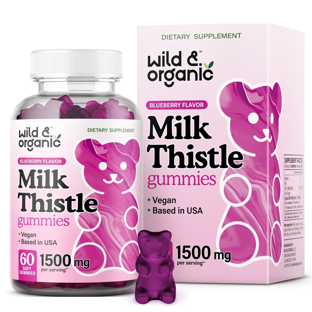 Wild & Organic Milk Thistle Gummies 1500 mg - Doplněk pro mléko Thistle pro Detox očištění od jater - Silymarin Jaterní Detox Gummies - 30 dní dodávky - 60 Vegan, Non- GMO Žvýkačky