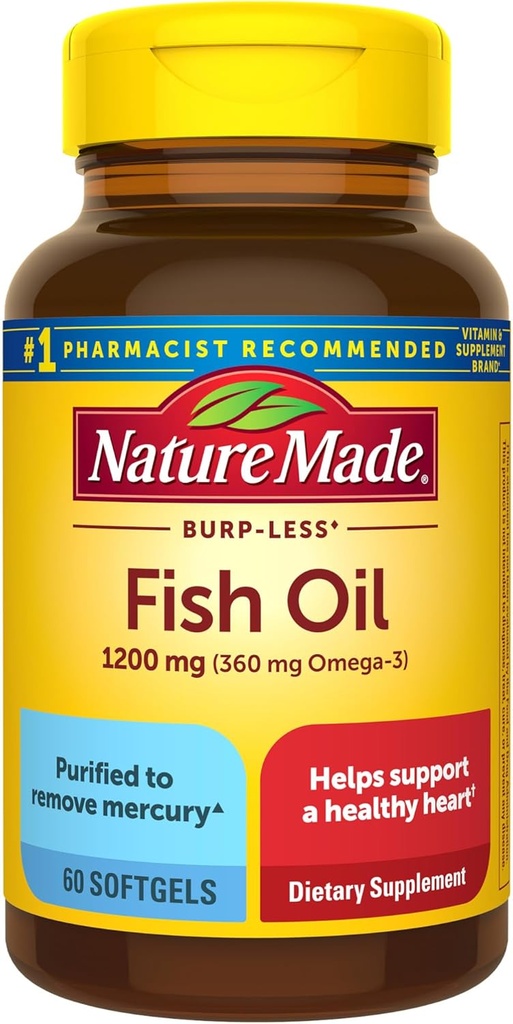 Příroda vyrobený Burp menší rybí olej Omega 3 doplňky, 1200 mg Softgels, EPA DHA Omega 3 Rybí olej doplňky pro zdravou podporu srdce, 60 Softgels, 30 denní dodávky
