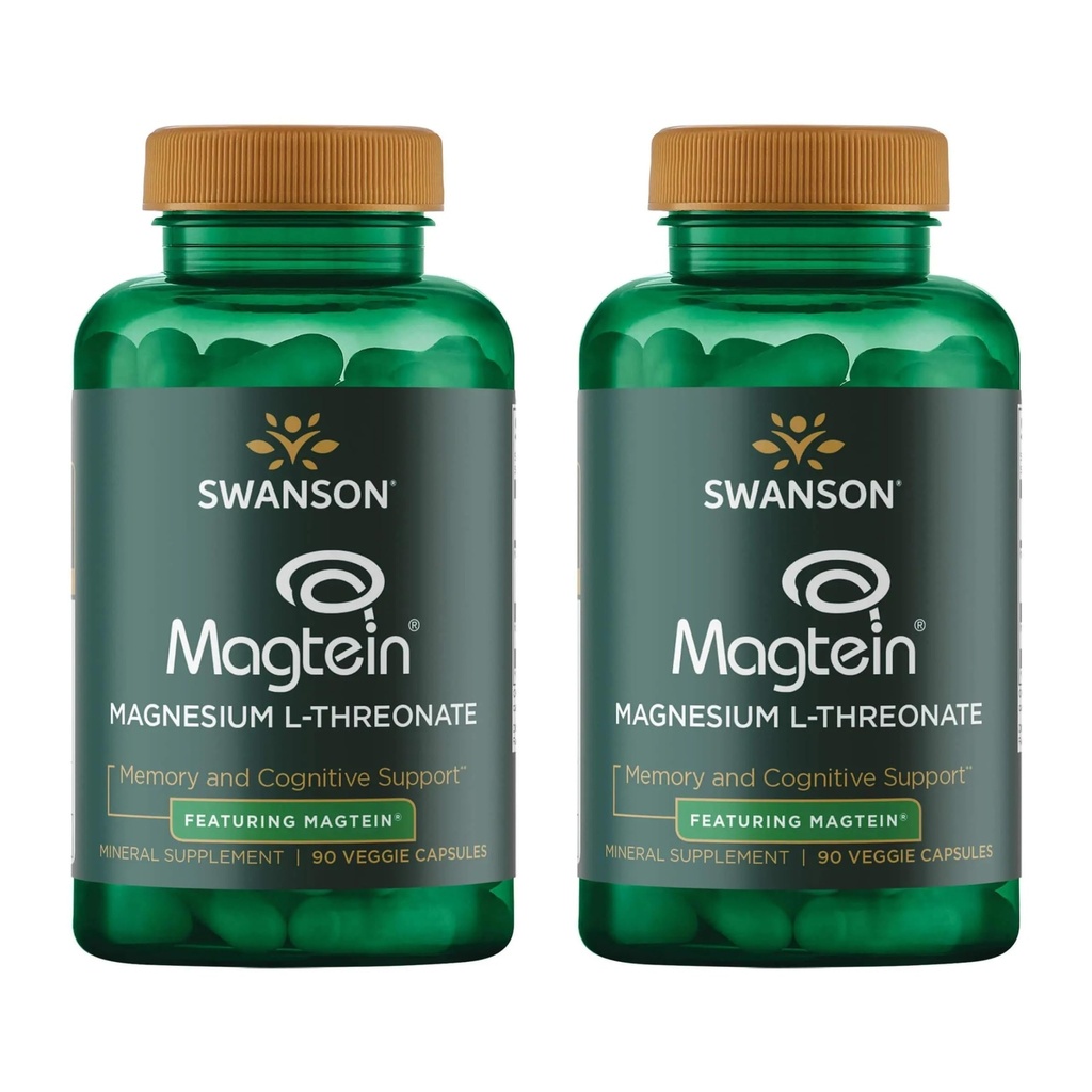 Swanson Magnesium L- Threonát - Minerální dodatek k podpoře nervového systému zdraví - May Support Cognitive Health, Learning & Memory - (90 Veggie Kapsle) (2 balení)