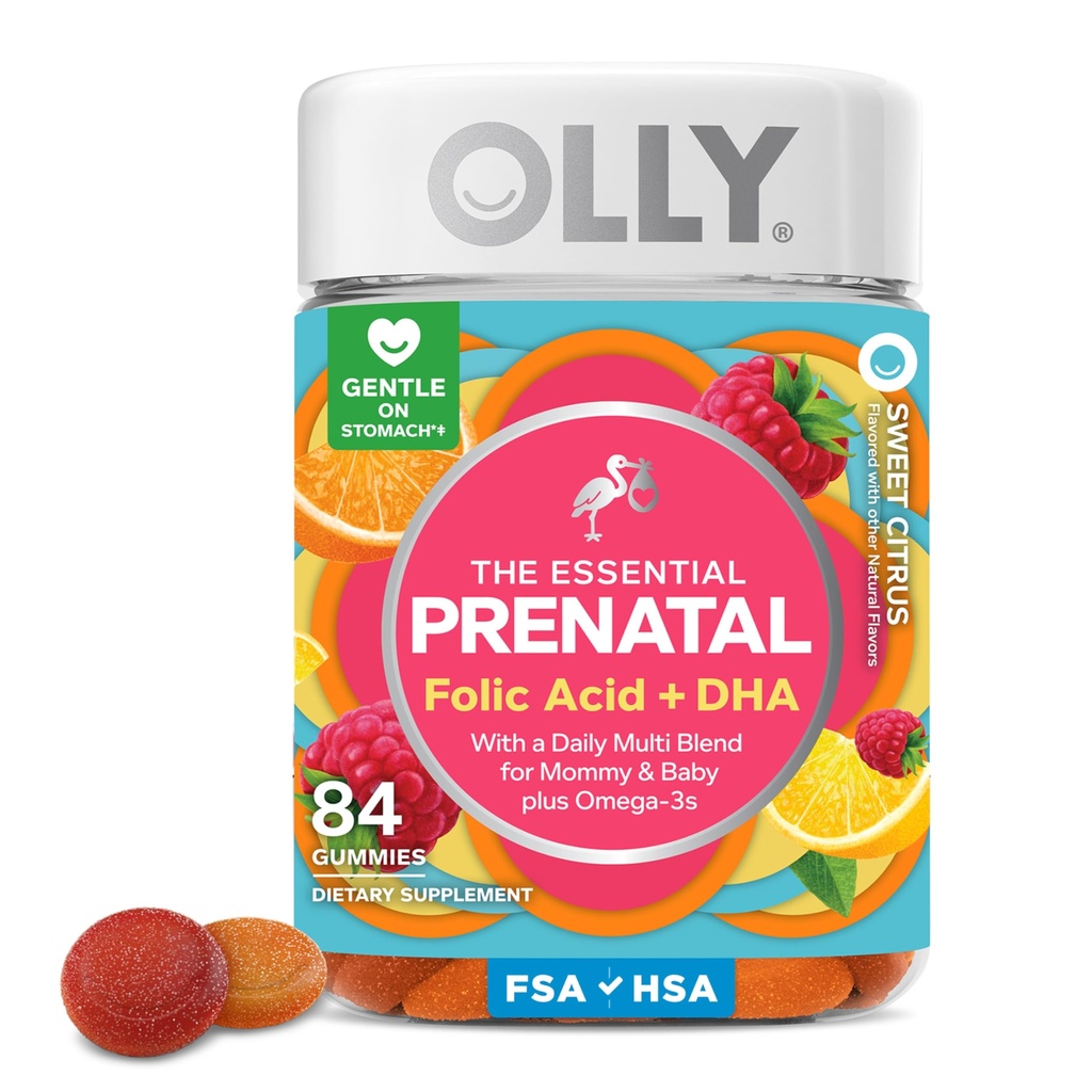 OLLY Essential Prenatal Gummy Multivitamin, kyselina listová, vitamín D, Omega 3 DHA, podporuje zdravý růst a vývoj mozku, Citrus Berry - 84 Počet