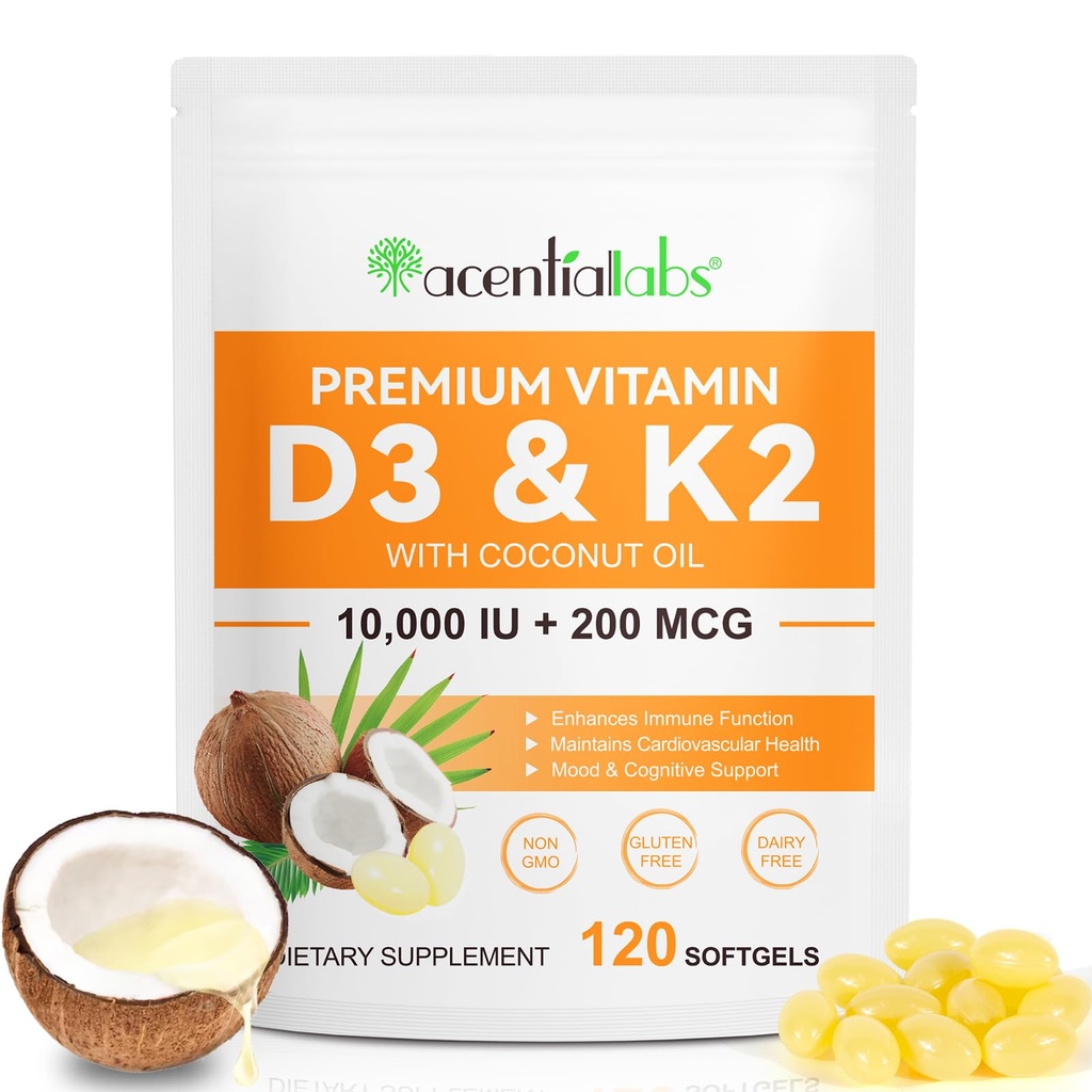 Vitamin D3 K2 Supplement Softgels, 10000 IU VIT D3 + 200 MCG K2 (MK-7) CLAS124; 2- in-1 Replenish Formule s kokosovým olejem, Podporuje absorpci vápníku, Snadno spolknout 120 Kapsle.