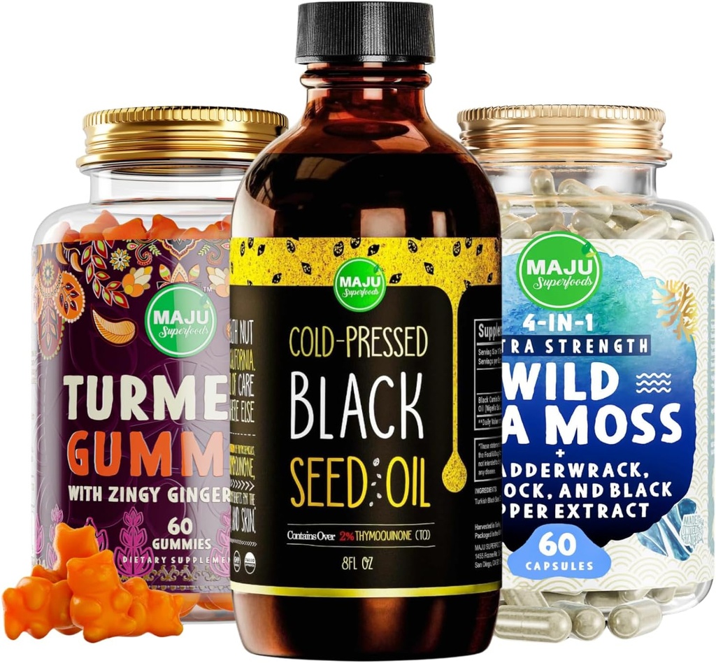 Maju Superfoods Black Seed Oil, 4- in-1 Mosovy kapsle a kurkumin zázvorové gumy Bundle