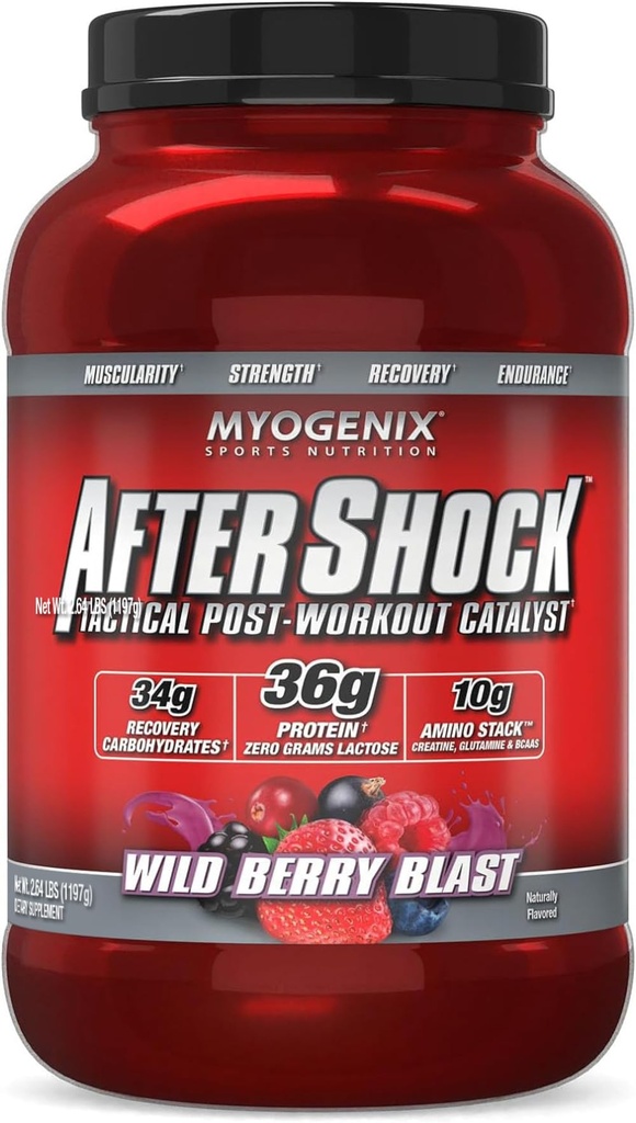 Myogenix Aftershock Post Workout Powder - Syrovátkový protein s sacharidy pro svalovou obnovu a refuse - Wildberry Blast, 3 kg