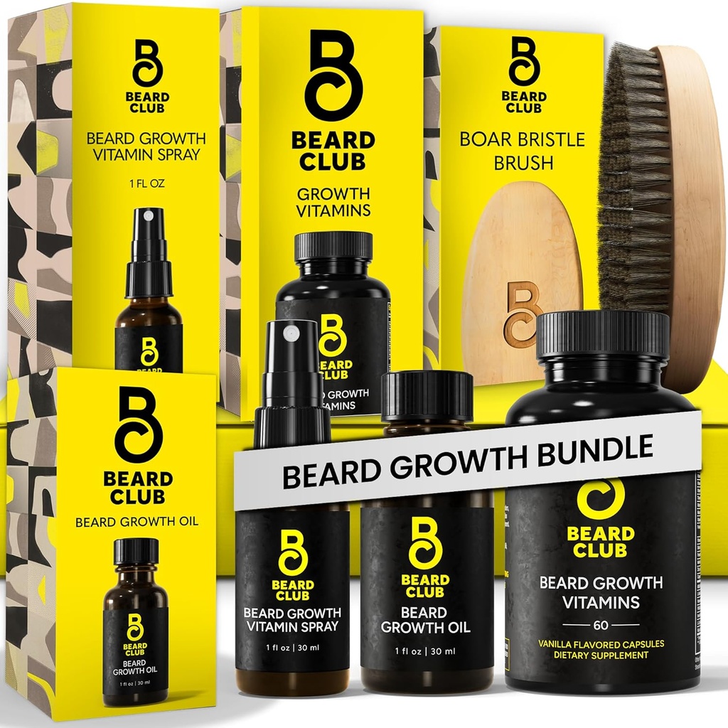 Beard Club Premium Beard Růst Kit - Růstový olej, Vitamíny, Vitamin Spray & Boar Bristle Brush - Dárková sada