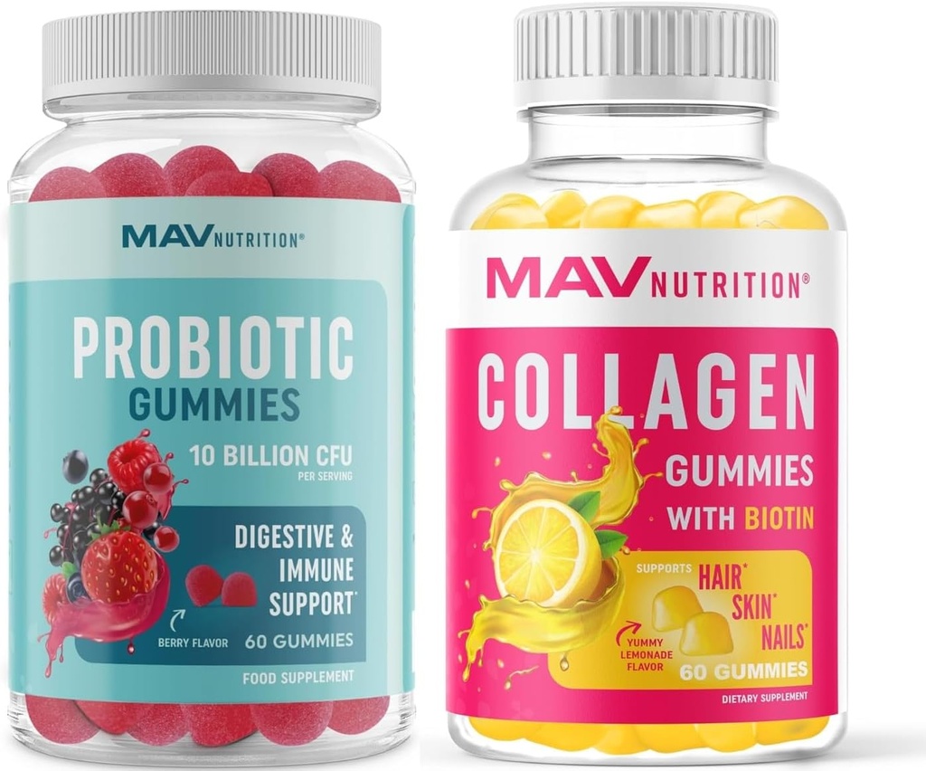MAV NUTRION Kolagenové gumy pro ženy a probiotické gumy 124; Vlasy, kůže, nehty, a Gut Zdravotní podpora s biotin, vitamín C, a 5 miliard CFU 124; 60 gumy každý