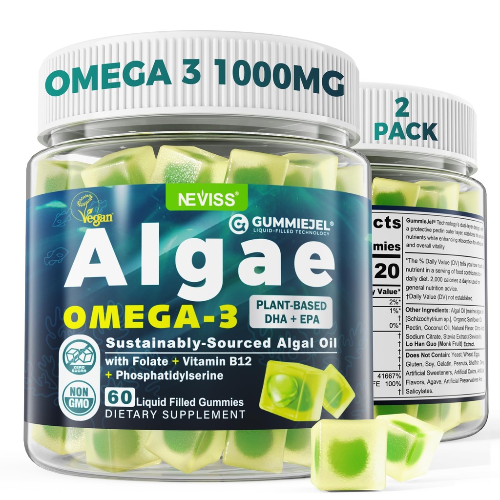 2 Balení Řasy Omega 3 Gummie 1000mg, Plant Based DHA 460mg & EPA 230mg, Omega 3 Fish Oil Alternative pro dospělé, Plus MethylFolát, Vitamin B12, Fosfatidylserin, No Fishy Taste, Vegan, Cukr zdarma