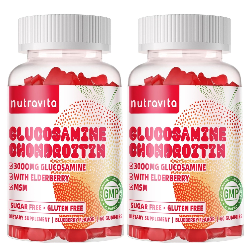 Nutravita Glucosamine Chondroitin Gummies s MSM & Elderberry Extra Strength - Společná podpora, Antioxidační Imunitní Supplement pro dospělé, muže a ženy. 120 Jahodové žvýkačky