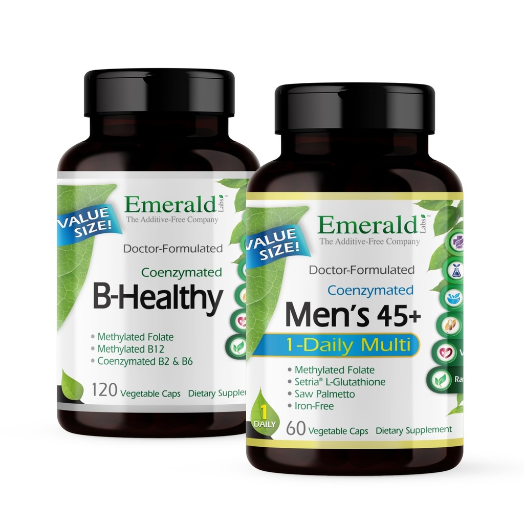 EMERALD LABS Bundle s B Zdravým (120 Veg Caps) & Men 's 45 + 1-Daily Multi (60 Vegan Vegr Caps) - Veganský vitamin B komplex s plným spektrem B vitaminy - Mužské multivitamin s CoQ10, Lycopen & Více