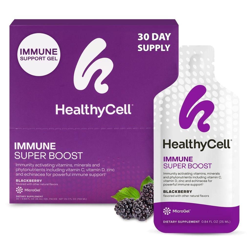 Healthycell Imunní Super Boost Denní tekutý dodatek - Imunitní Supplement pro dospělé s Echinacea, Elderberry, Vitamin C, Vitamin D, vápník a zinek - 30 Gel balení