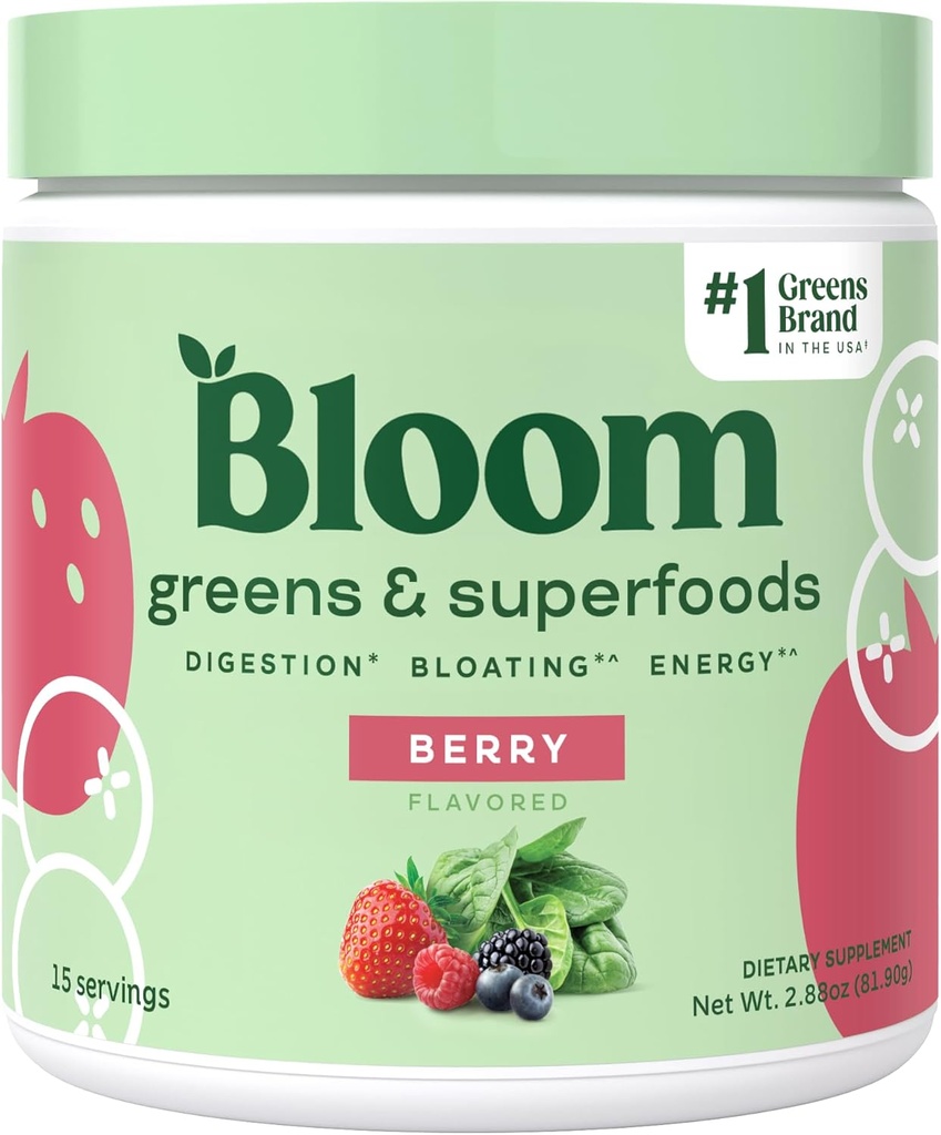 Bloom Nutrition Superfood Green Powder, trávicí enzymy w / Probiotika & Prebiotika, Gut Health, Bloating Relief for Women, Chlorella, 15 SVG (15 Služeb (Balení 1), Berry)