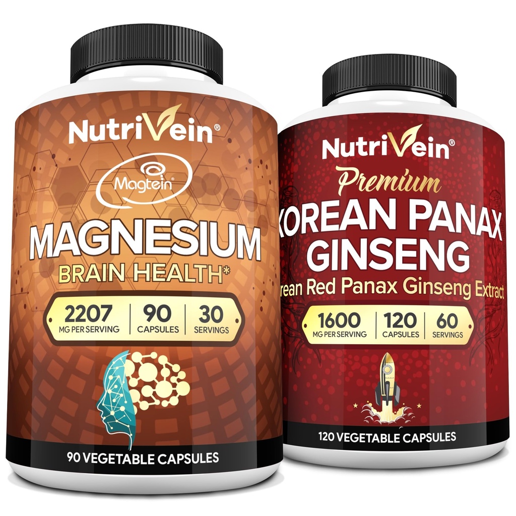 Nutriční Premium Magnesium L- Threonát & Panax Ginseng Supplement Bundle: High- Absorpce Magnesium Threonát a Red Ginseng Supplement Pair for Brain, Mood, & Vitality