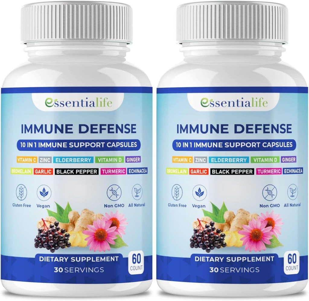 Doplněk pro imunitní podporu - 2 balení 10 v 1 Elderberry, Echinacea, Vitamin D, Vitamin C 1000mg & Zinkový dodatek - s imunní posilovač pro dospělé - 120 Vitamíny Kapsle