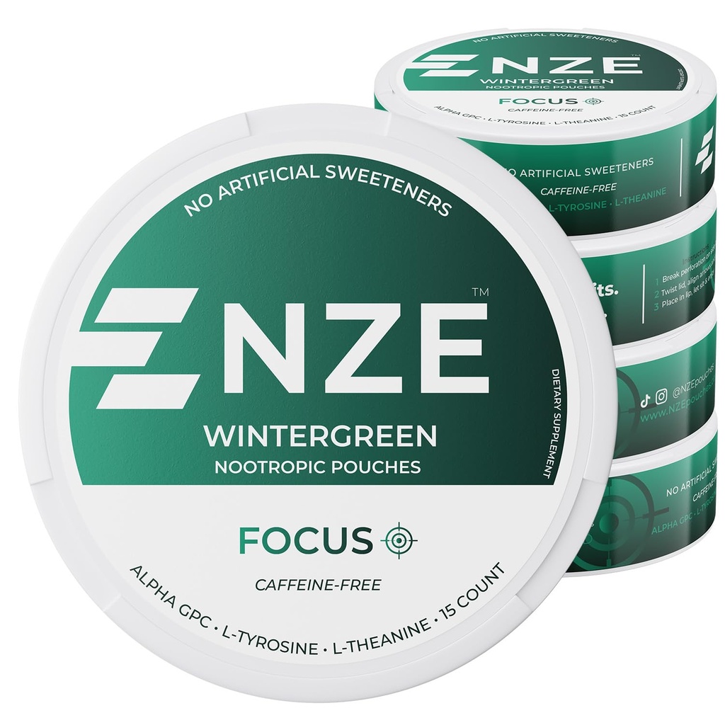 NZE Caffeine Free Nootropní Pouches (Wintergreen) - Nootropní Pouches s Alpha GPC, L-Tyrosin & L-Theanine - Ne cukr nebo umělé sladkosti - 15 Pouches per can - 5 Pack