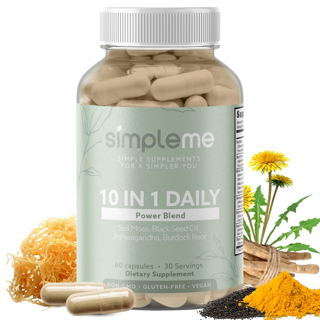 Burdock Root Organic and Bladderwrack 10 in 1 Imunity Booster Power Blend s Irským Moss Moss, Ashwagandha a Black Seed dodatek pro muže a ženy, Seamoss Pills Herbal, Vegan - 60 Kapsle