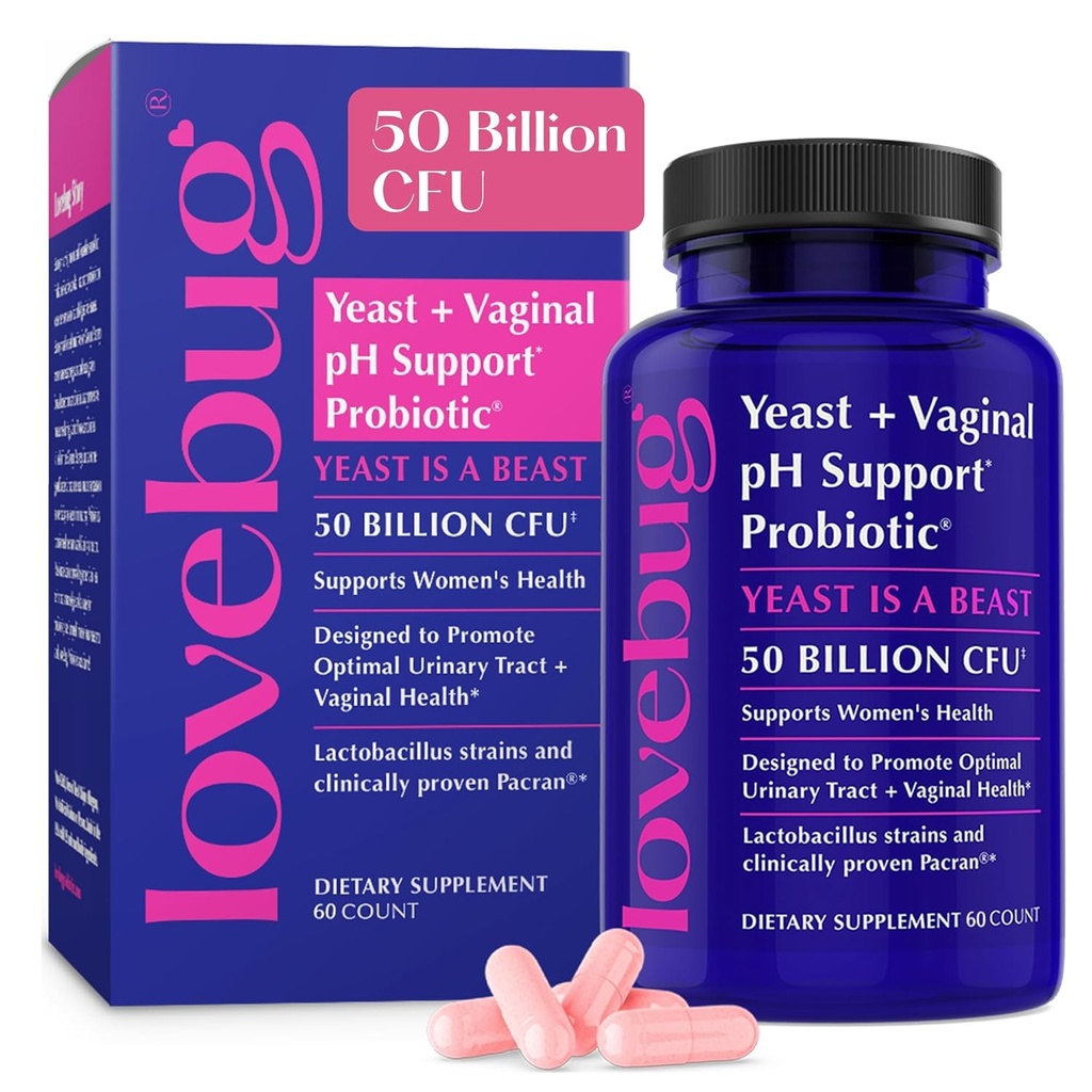 Lovebug Yeast a Vaginální Probiotika pro ženy pH Balance & Močový Trakt, 50 Miliarda CFU, UTI, BV, Podpora zápachu s Lactobacillus, Bifidobacterium, Digestive & Vaginální doplněk zdraví 60 Kapsle