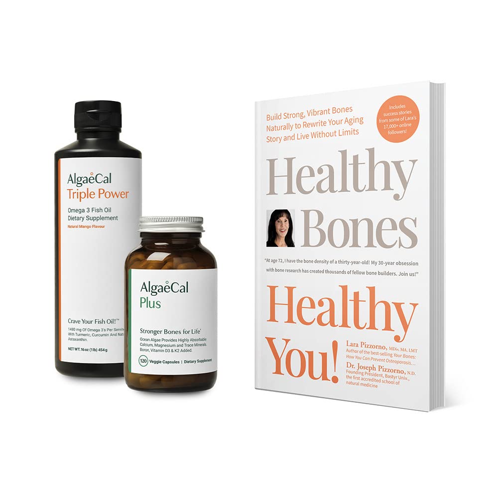 ALGAECAL Bundle - doplněk vápníku s vitaminem D + K2, Mag, Boron & Omega 3 Fish Oil s EPA & DHA a kniha Lara Pizzorno Zdravé kosti Zdravý Vy, zvýšit zdraví kostí