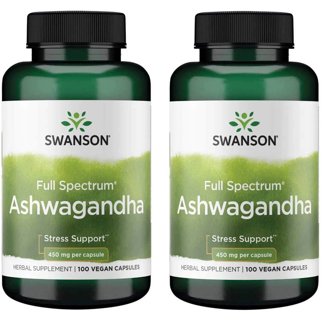 Swanson Ashwagandha Powder Supplement - s Ashwagandha Root na podporu stresu Relief & Energy - Ayurvedic dodatek pro přírodní wellness (100 Kapsle, 450mg každý) 2 Pack