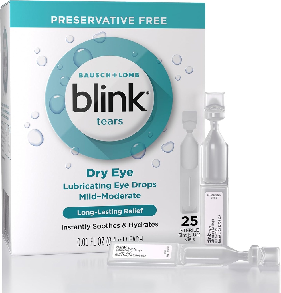 Blink Slzy Lubrikační oční kapky Konzervační zdarma, Moisturizing & Soothing pro Mírné Mírné na střední suché oko, s Hyaluronate, Reduces Discomfortable, Dlouhé-Trvalé Hydratace, 0.01 Jednorázové Vily, 25 Počet