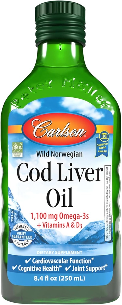 Carlson - Cod Jaterní olej 1100 mg Omega-3s Plus vitaminy A & D3 - Wild Catched EPA DHA Omega 3 dodatek - Norská Arktida, Udržitelně sourced Nordic Fish Oil Liquid, bez příchutí, 250 ml (8.4 Fl Oz)