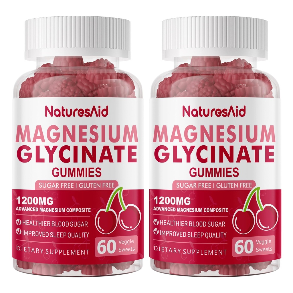 Magnesium Glycinát Gummies 1000mg - Doplněk draselného k hořčíku bez cukru s vitaminem D, B6, CoQ10 pro klidnou náladu a podporu spánku - 120 třešňových gummies -2 Pack.