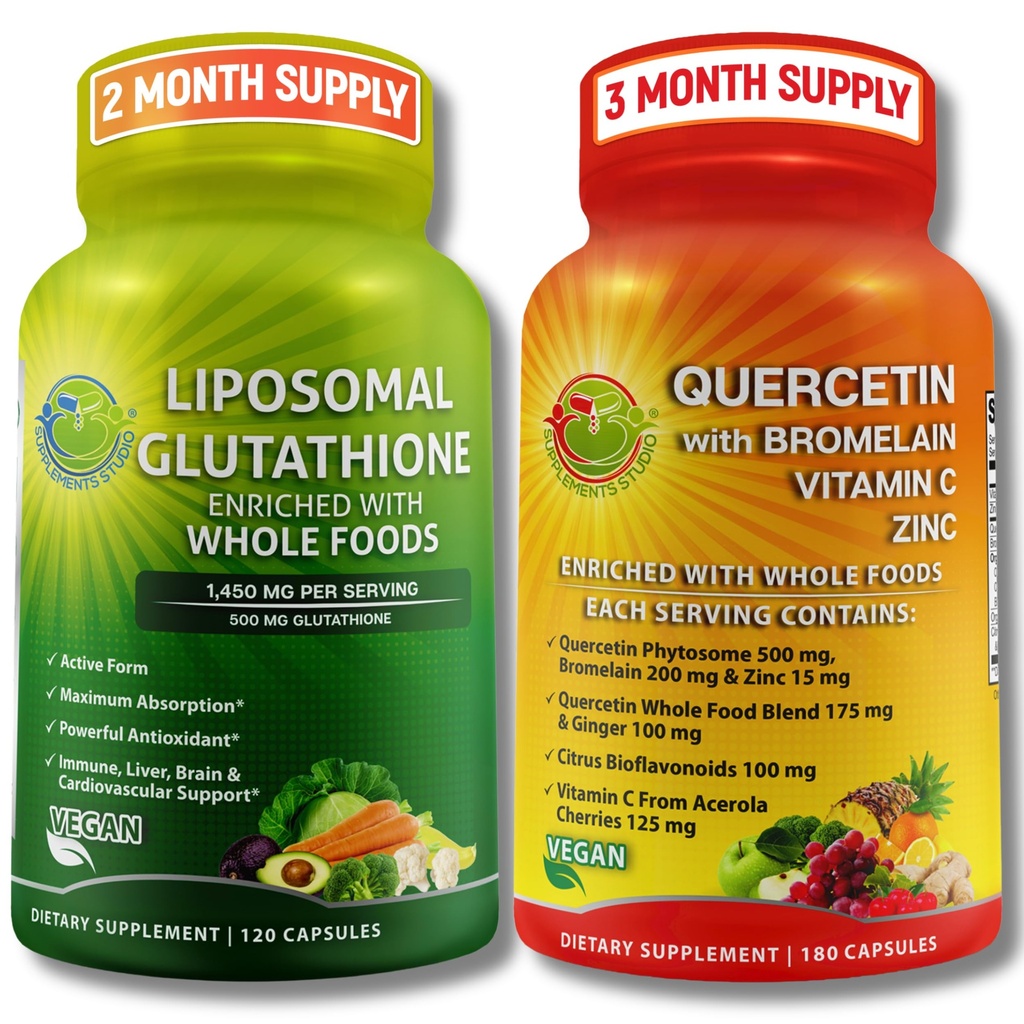 Lipozomální Glutathione 500mg & Quercetin s bromelainem, zinkem a vitaminem C - Antioxidant & Imunitate Support Bundle s organickými směsi potravin - Vegan, Non- GMO Respirační zdravotní vzorec