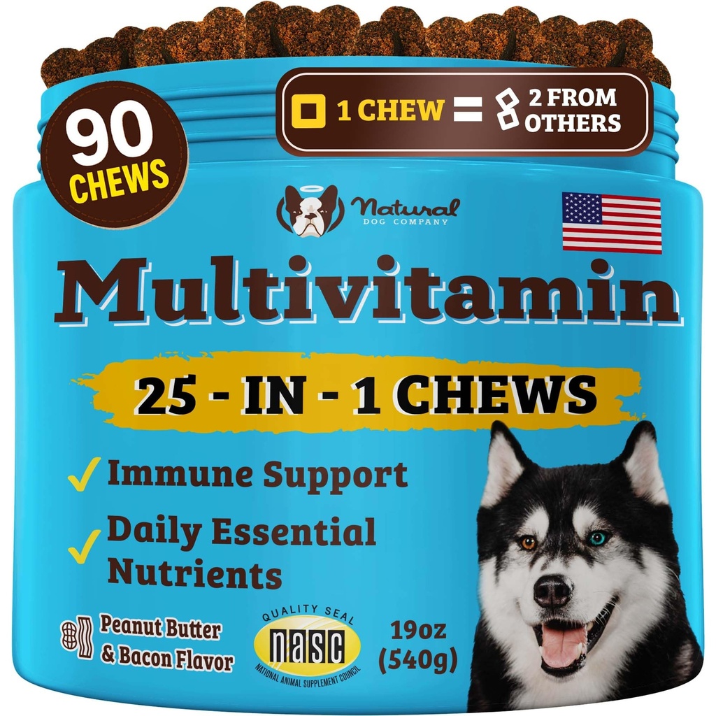 Natural Dog Company 25- in-1 Multivitamin Žvýkačky pro psy - Denní měkké psí vitamíny s antioxidanty, zink & kyselina listová - Podporuje spojky, kůže & coat, Imunite & Heart Health - All ages, All Breeds