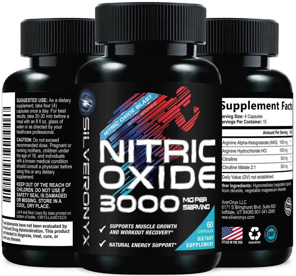 Extra Strength Nitric Oxide Dodatek 3X Strengine L Arginin, Citrulline Malate, AAKG, Beta Alanin - Premium Muscle Supporting Nitric Booster - Přírodní energie a srdeční podpora zdraví - 60 Kapsle