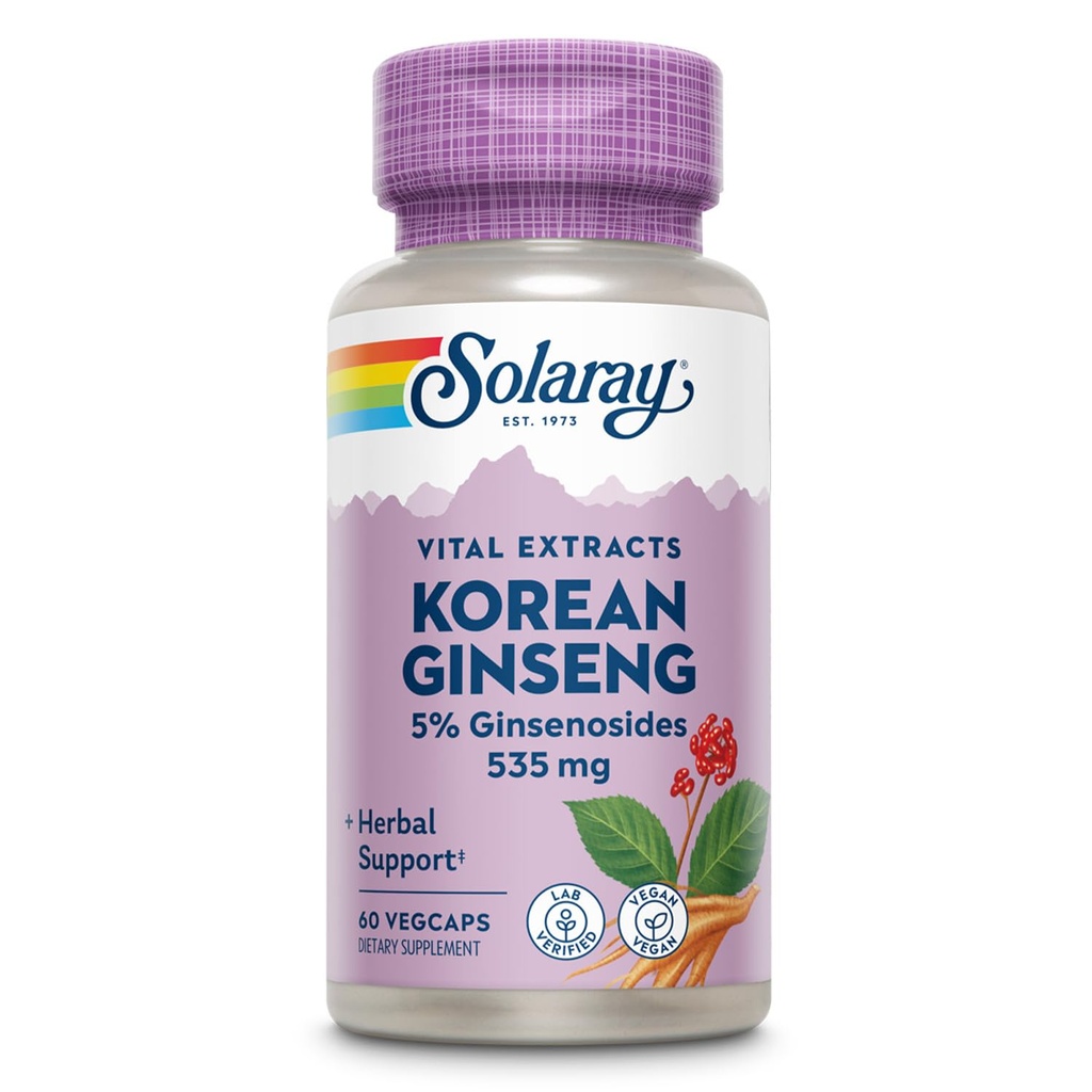 SOLARAY Korean Ginseng Root Extract - Bylinná podpora příležitostného stresu, energie a fyzické vytrvalosti - 5% ženšen - Vegan, Laboratoř ověřená - 60 Služeb, 60 VegCaps
