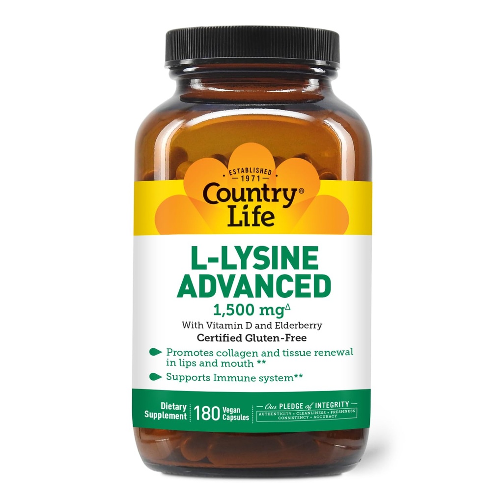 L- Lysin 1500mg Kapsle s vitaminem D & Elderberry - Pokročilá imunitní podpora a obnova kolagenu - Certifikované gluten- Free & Vegan - 180 Kapsle