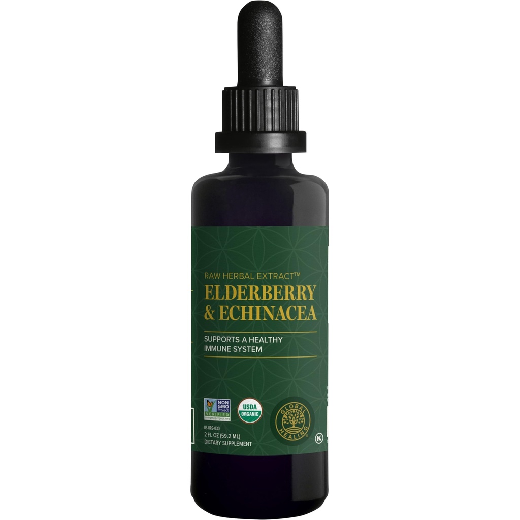 Globální léčení USDA Organic Elderberry & Echinacea Liquid dodatek tinktura 124; Antioxidační imunitní podpora proti škodlivým organismům pro dospělé a děti, Vegan, Non- GMO, 1- Month Supply (2 Oz)
