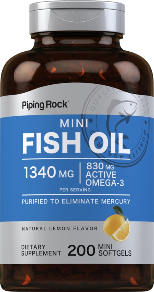 Piping Rock Mini Fish Oil 1340mg Oil 124; 200 Softgels Omega33 doplněk pro muže a ženy Omega33 124; Lemon Flavor Oil 124; Non- GMO a gluten zdarma