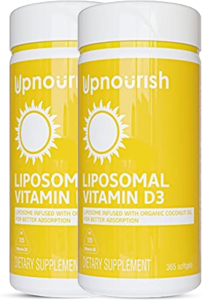 UpNourish 2 Pack - Liposomální vitamin D 5000 IU 730 softgelů, Cholekalciferol Vitamin D3 s přírodním kokosovým olejem, VIT D3 dodatek