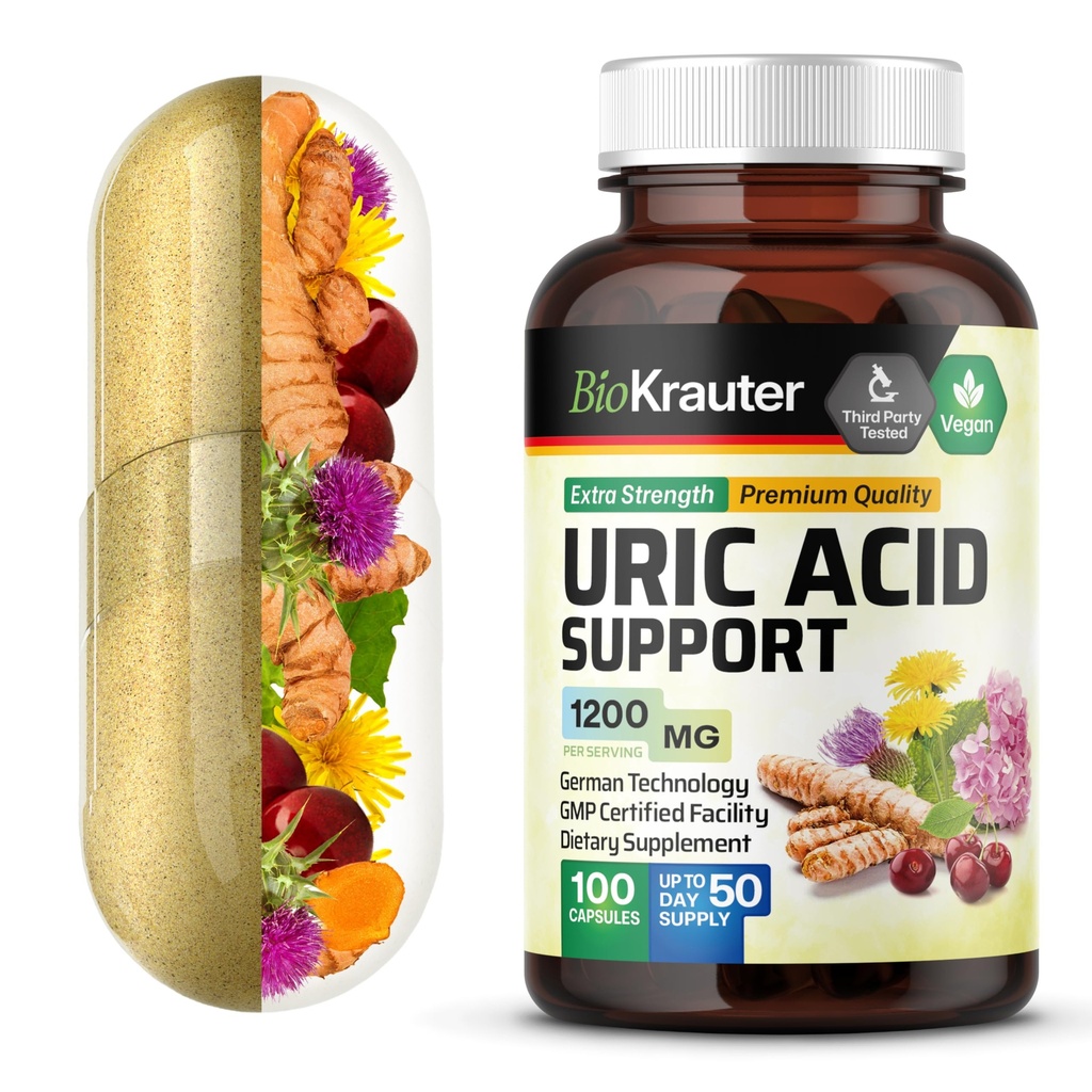 BIO KRAUTER Support Acid Capsules 1200 mg Blend - 100 Count - Ledviny dodatek w / Tart Cherry 10: 1 Extract - Mléko Thistle & Turmeric Extract - Vegan
