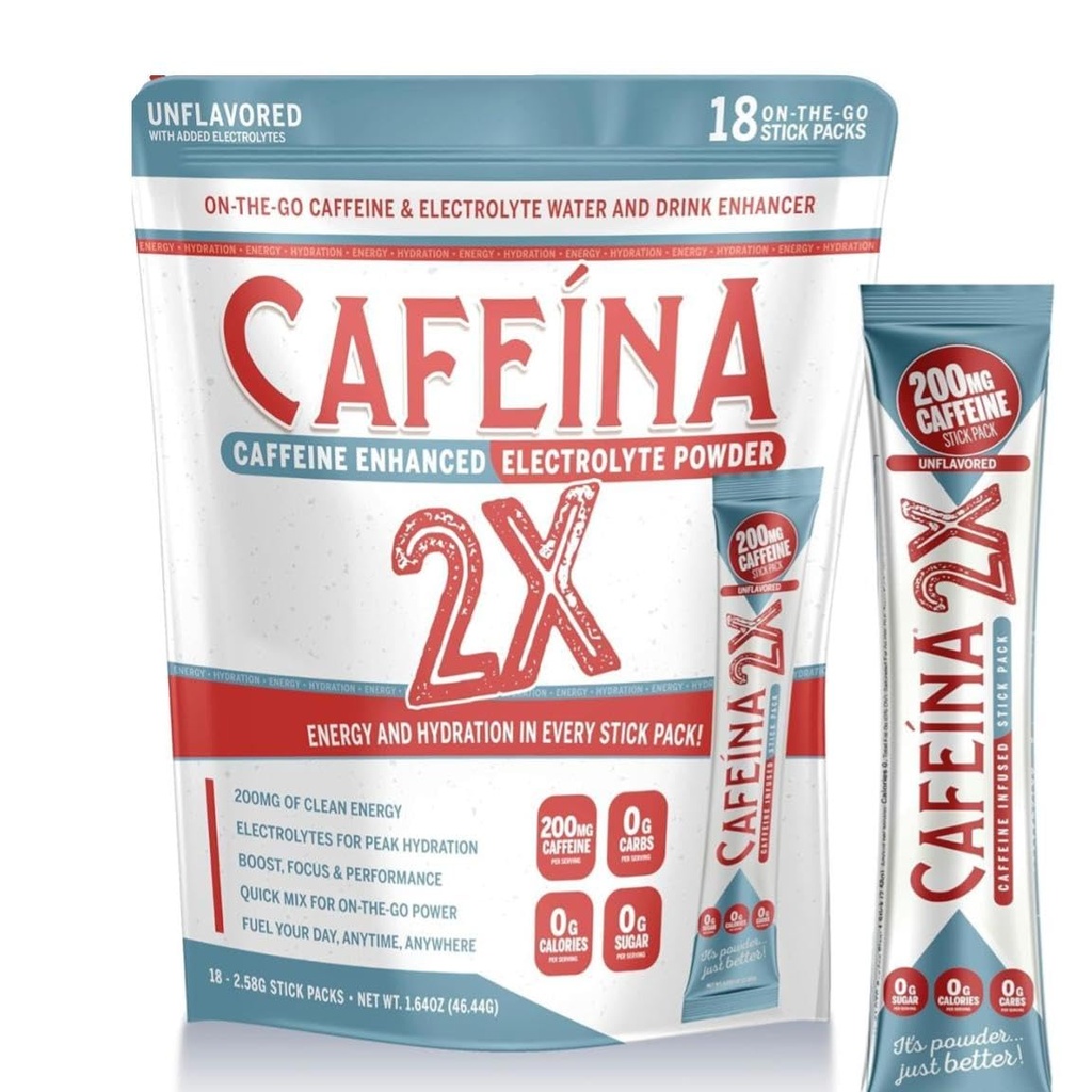 CAFEINA 2X - 200mg Kofein a Electrolyte Infused Powder Stick Packs (18 Počet)