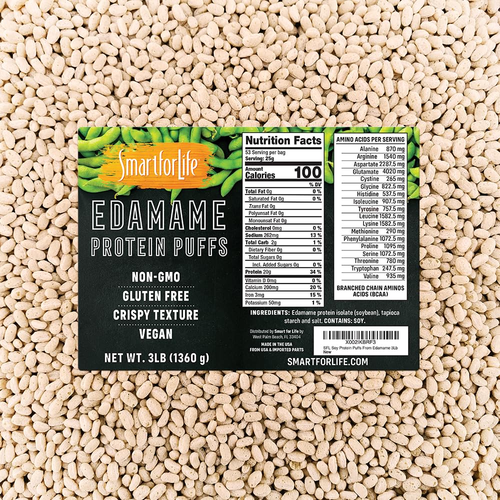 Smart for Life Soy Protein Puffs from Edamame - High Protein Nula Sugar Soy Protein Isolate Puffs - 20 Grams Protein Snacks - Non- GMO, gluten- Free - 3 Pound Box - 53 Servings - Soy Puffs...