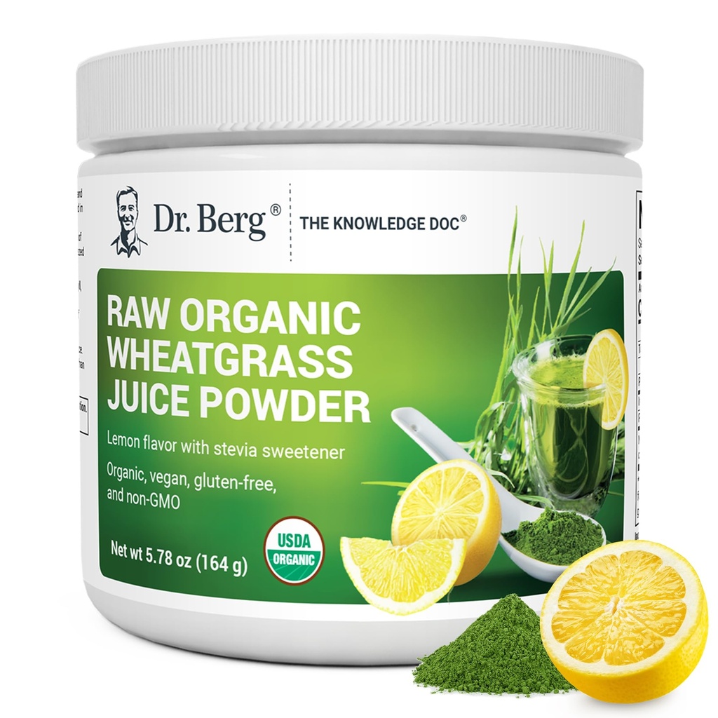 Dr. Berg USDA Certified Organic Green Powder Superfood (60 Servings) - Vyrobeno se syrovou travou, chlorofylem, stopovými minerály a přírodními enzymy - Non- GMO Green Superfood Powder - Lemon Flavor