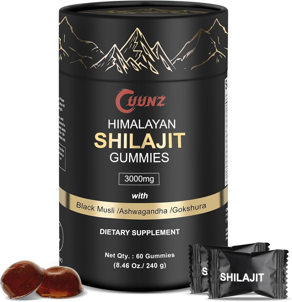 Himalájské výživné Shilajit Gummies Gold - Ashwagandha, Gokshura - Fulvic Acid - 85 + Stopy Minerály - pro muže Ženy - Bez přidaného cukru (Shilajit Gold Gummies)