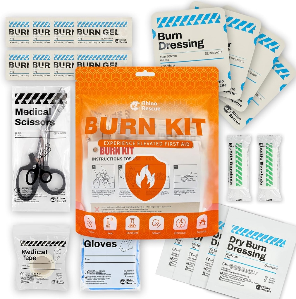 RHINO RESCUE Burn Kit, 4ks Burn Dressings 4x4 ", 8ks Burn Gel Packets 3.5g, 4ks Burn Pads, First Aid Kit Cooling Soothing Cream Relief with Bandage, Nitrile Gloves, Nůžky, Páska, HSA / FSA Způsobilé