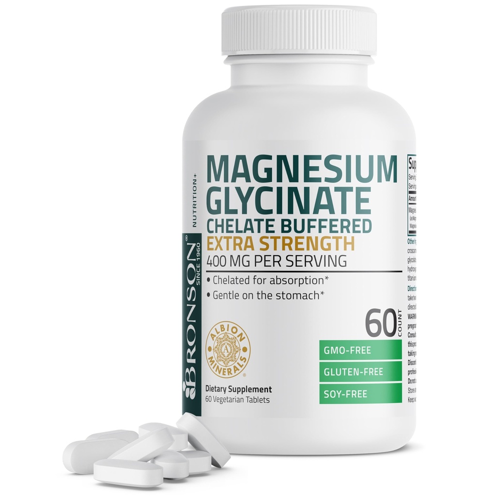 Bronson Magnesium Glycinát 400 mg Extra Strength, Vegetarián, Chelated for Absorption Gentle on The Stomach, Non- GMO, 60 Tablet