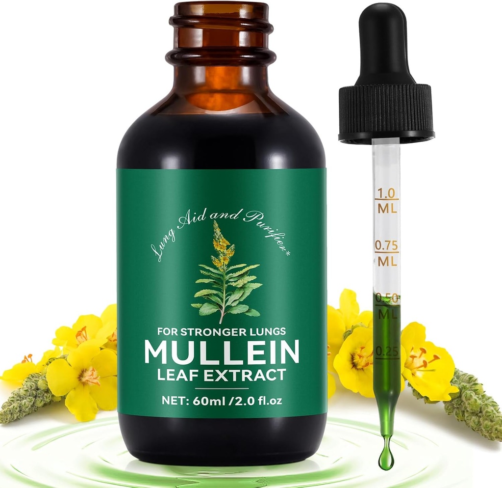 Mullein Drops for Lungs 2 Fl Oz, Natural Mullein Leaf Drops, Fast Absorption Liquid Mullein Extract Supplement, Lung Cleanse, 1 měsíc Dodávka