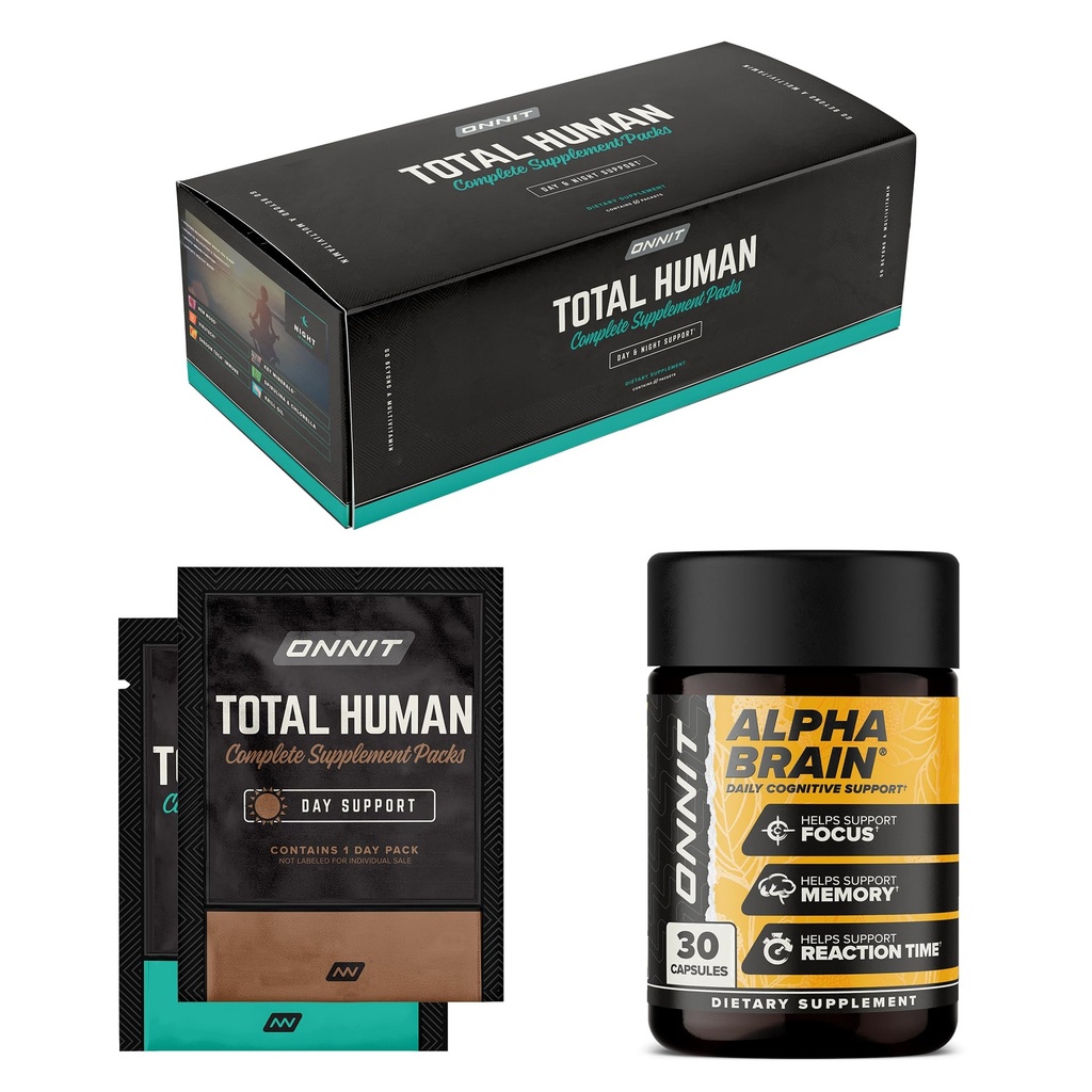 ONNIT Premium Alfa Brain Bundle - Nootropic Brain Supplement (30 Počet) pro soustředění, koncentraci a paměť + celkový lidský den a noční vitamínové balíčky pro muže a ženy (30denní zásoba)