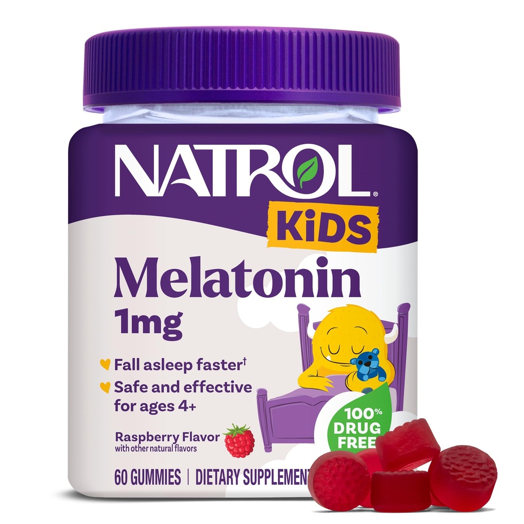 Natrol děti melatonin gumies 1mg, dětský melatonin pro odpočinek spánku, 60 Raspberry- ochucené spánkové gumies, 60 denní zásobování