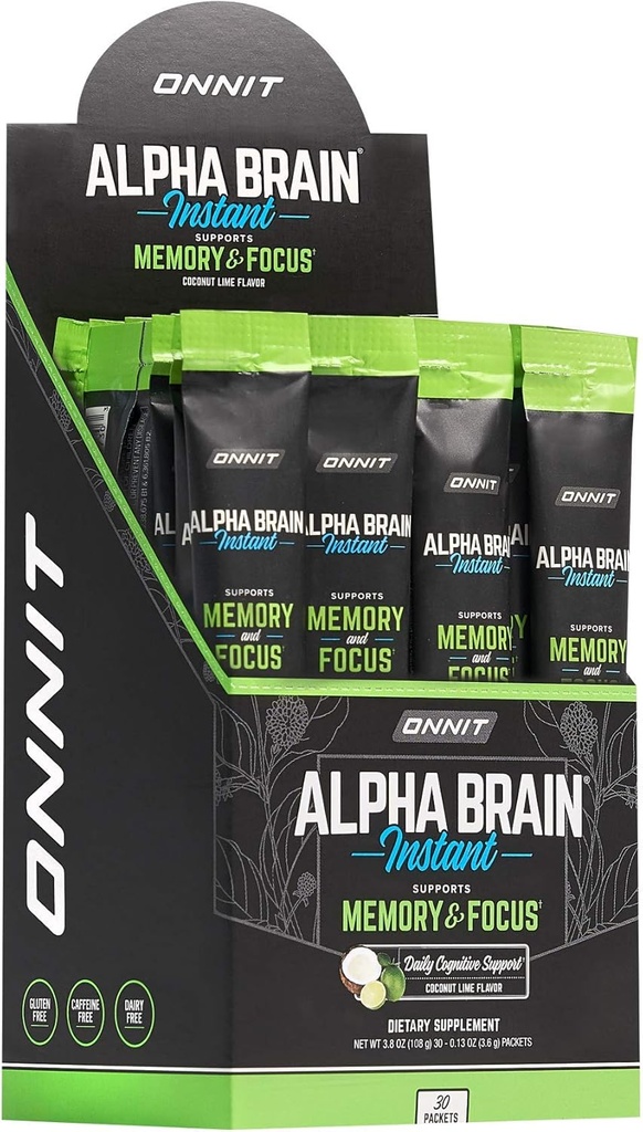 ONNIT Alpha Brain Instant - Coconut Lime Flavor - Nootroppic Brain Booster Paměťový dodatek - Podpora mozku pro zaměření, Energie & Clarity - Alpha GPC Choline, Cats Claw, L-Theanine, Bacopa - 30ct