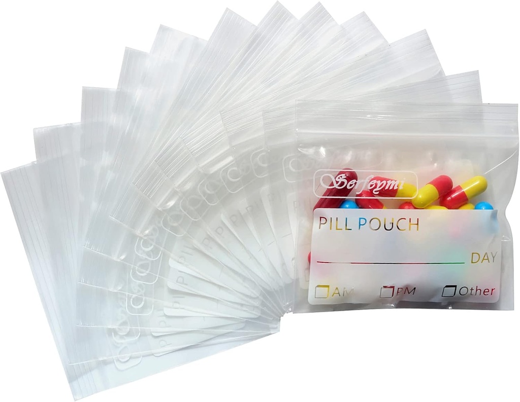 Serfeymi Pill sáčky pro cestovní Pill Pouch Pořadatel balení 120 BPA zdarma 3 x 2,75 palců Volitelné Pill Pouches pro medicínu s nápisem na etiketě & Zipper těsnění vodotěsné AM PM Pill Baggies pro doplňky