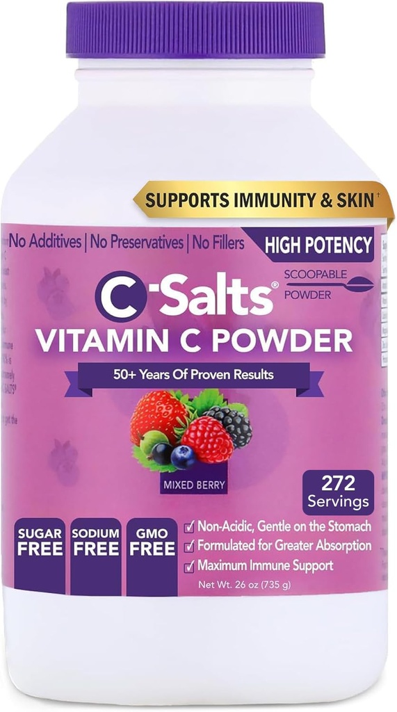C- Soli vitamin C Powder Supplement - 100% čisté vysoké dávky Buffered Vitamin C Prášek pro imunitní podporu - Organic, Sugar- Free, Vegan, Non- GMO, Stomach- Friendly, Mixed Berry 26oz