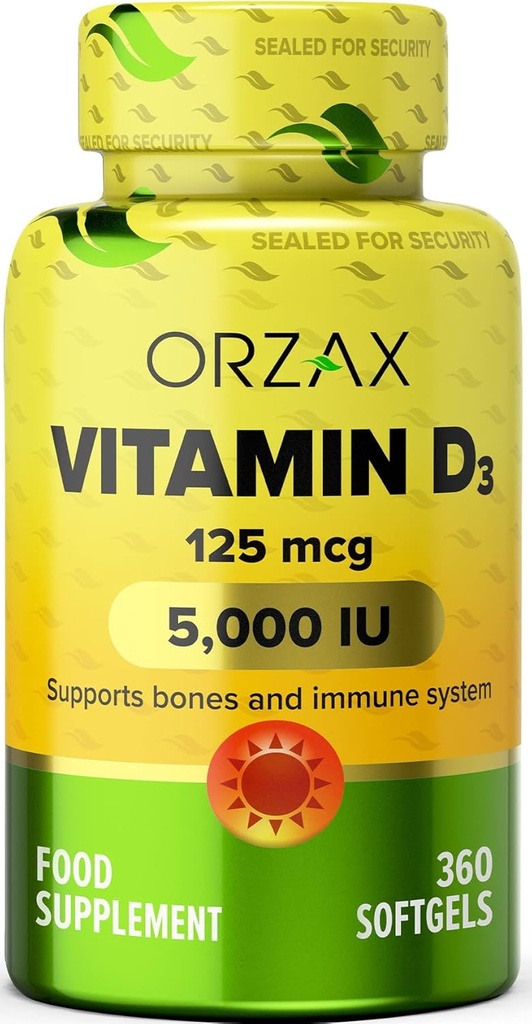 ORZAX Vitamin D3 5000 iu (125 mcg) - Non- GMO, gluten zdarma, bez cukru, mléčné výrobky zdarma - 1 rok dodávky pro silné svalové funkce a imunitní podporu - Návnadový doplněk pro wellness (360 Softgel)
