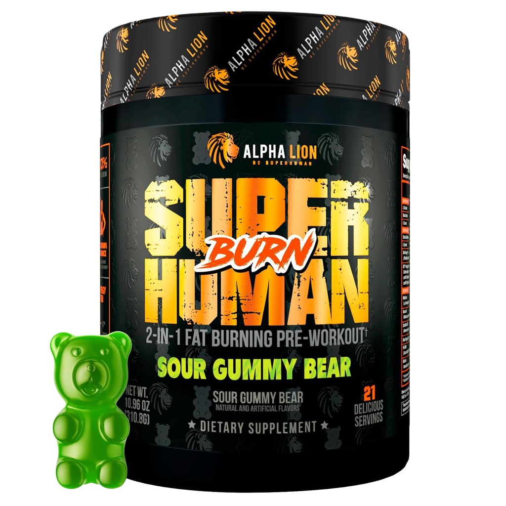 ALPHA LION Superhuman Burn - 2 v 1 Metabolismus Booster Pre Workout a termogenní spalování tuků pro muže - Suppressant a hubnutí doplněk (21 Služení, Sour Gummy Medvěd)